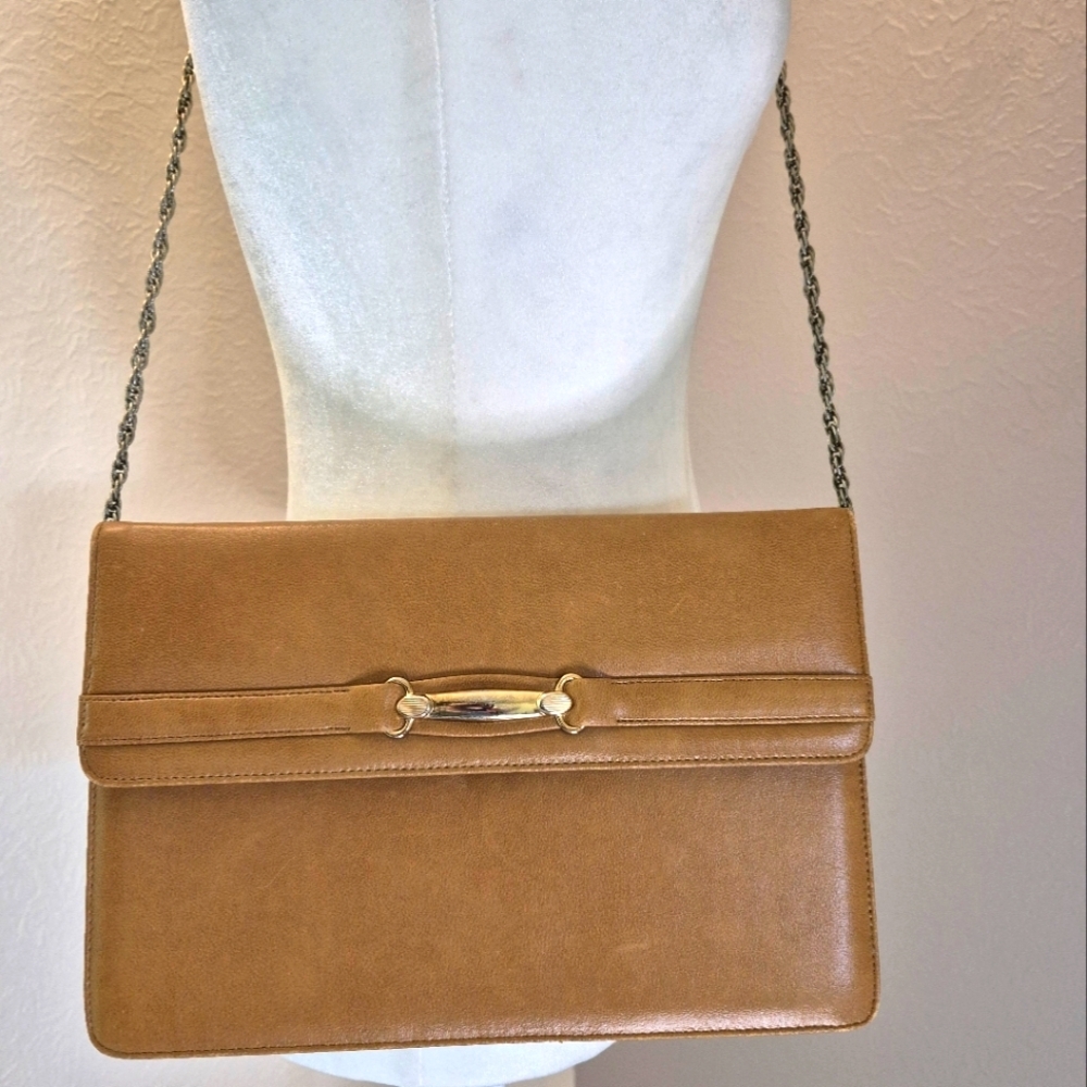 Vintage Francois Tan Leather Handbag Purse with‎ Interior Mirror Made in USA